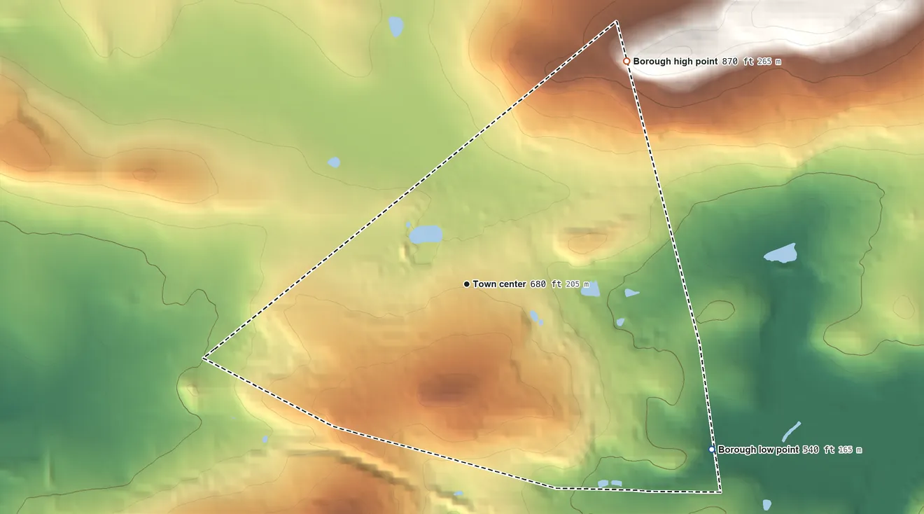Topographic elevation map of Elverson, Pennsylvania, shaded from 540 ft on the southeast side to 870 ft on the northeast side