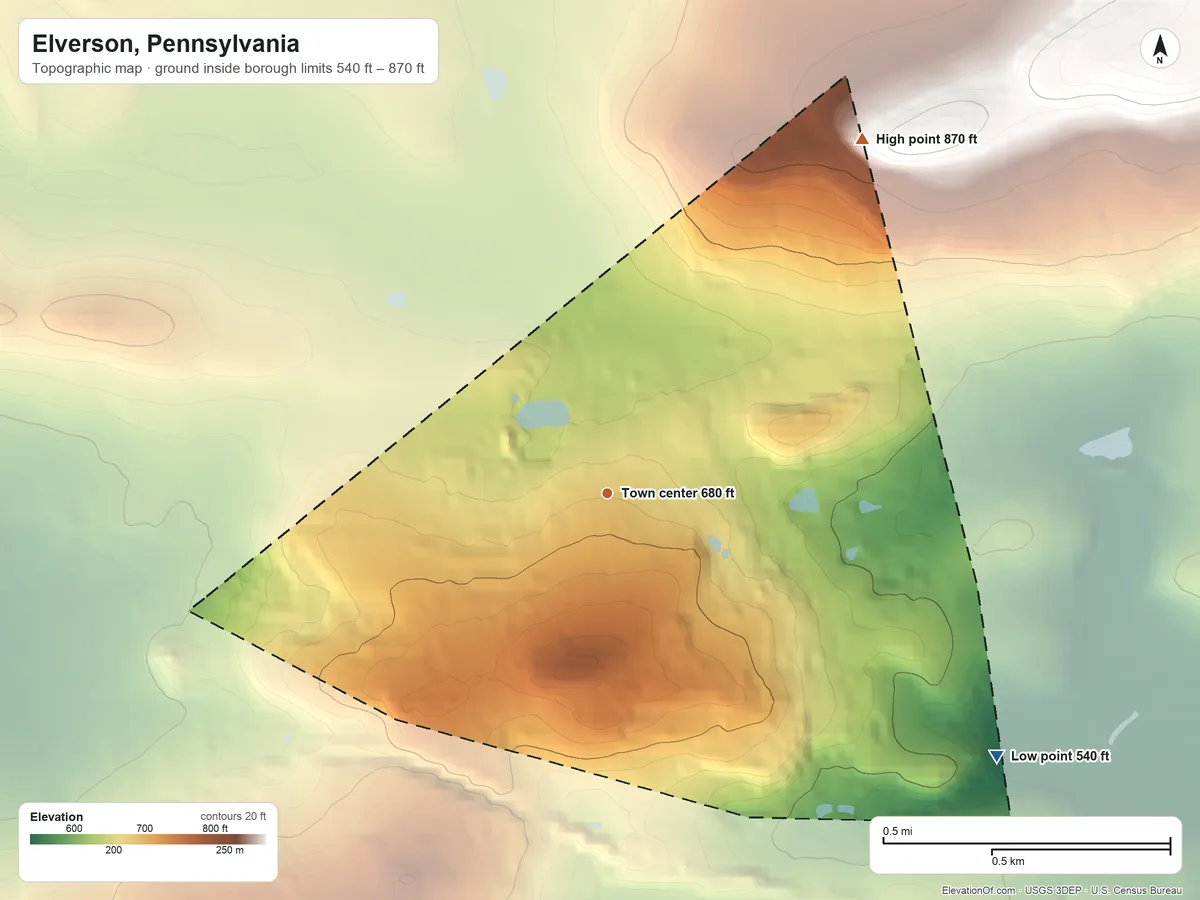 Topographic elevation map of Elverson, Pennsylvania, shaded from 540 ft on the southeast side to 870 ft on the northeast side