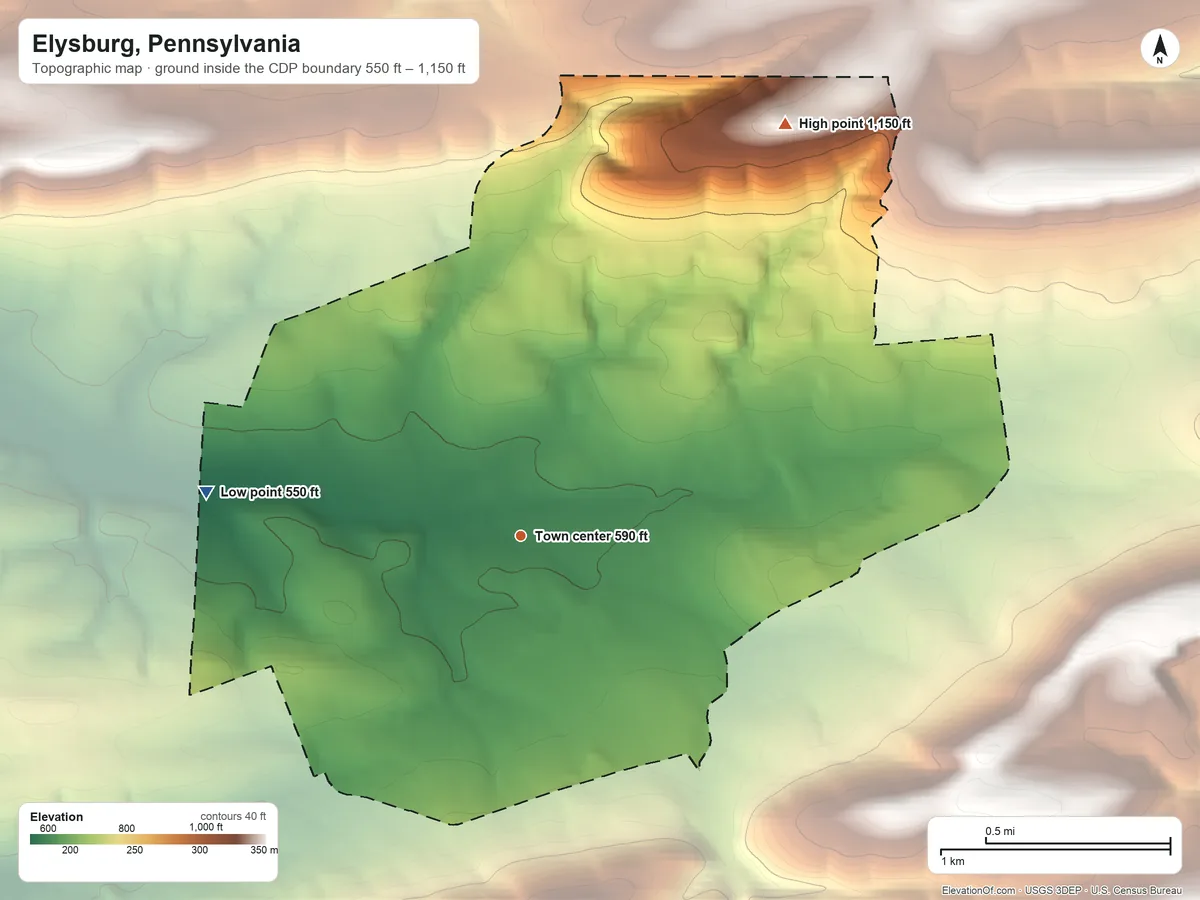 Topographic elevation map of Elysburg, Pennsylvania, shaded from 550 ft on the west side to 1,150 ft on the northeast side