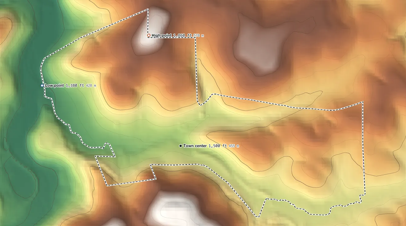 Topographic elevation map of Emeigh, Pennsylvania, shaded from 1,380 ft on the northwest side to 1,860 ft on the north side
