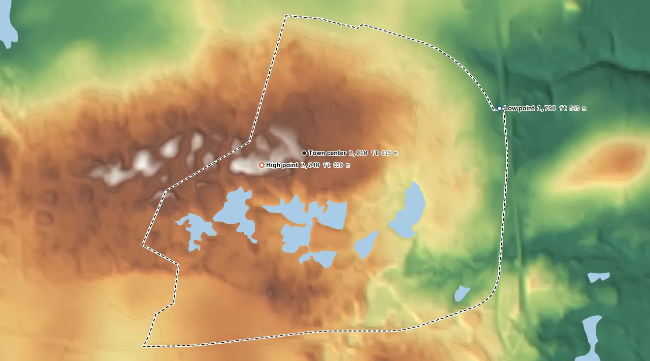 Topographic elevation map of Emerald Lakes, Pennsylvania, shaded from 1,790 ft on the east side to 2,040 ft near the middle