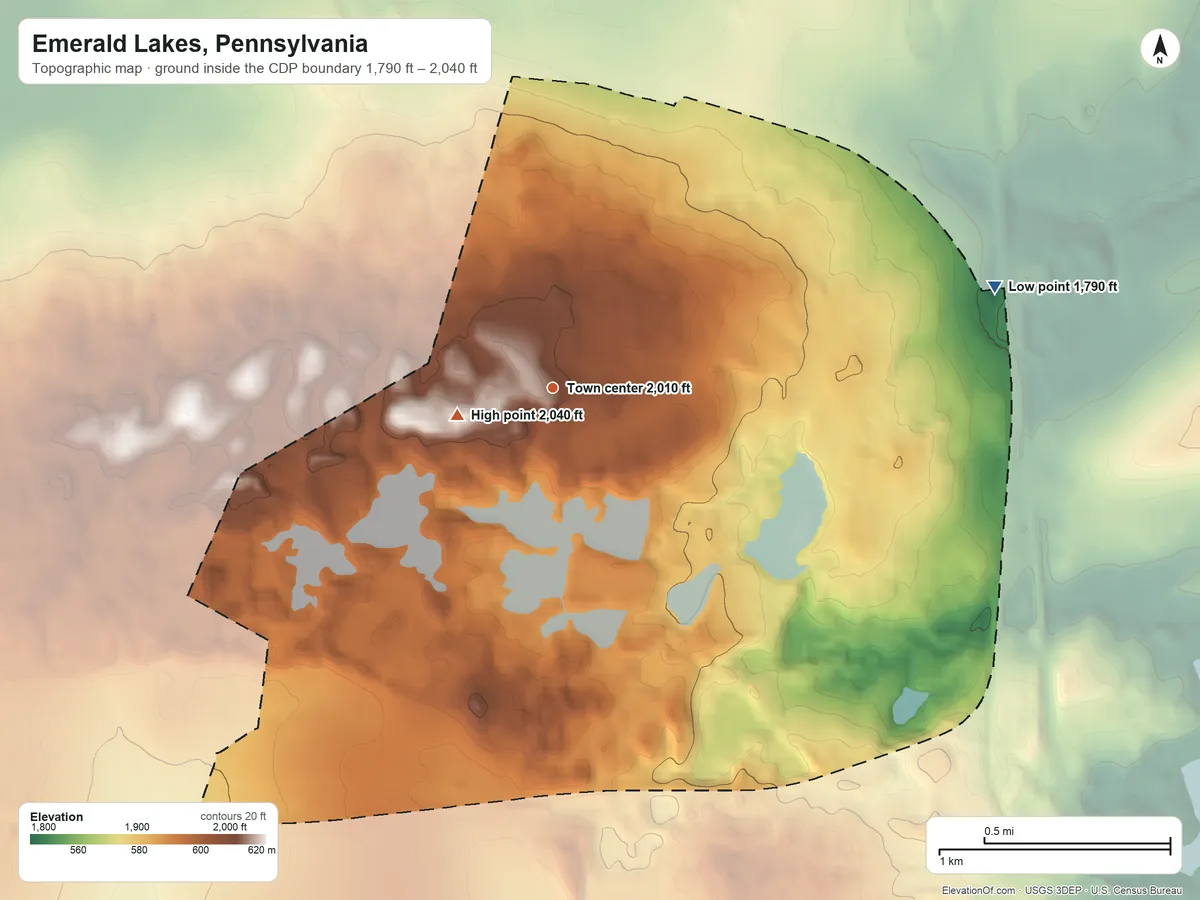 Topographic elevation map of Emerald Lakes, Pennsylvania, shaded from 1,790 ft on the east side to 2,040 ft near the middle
