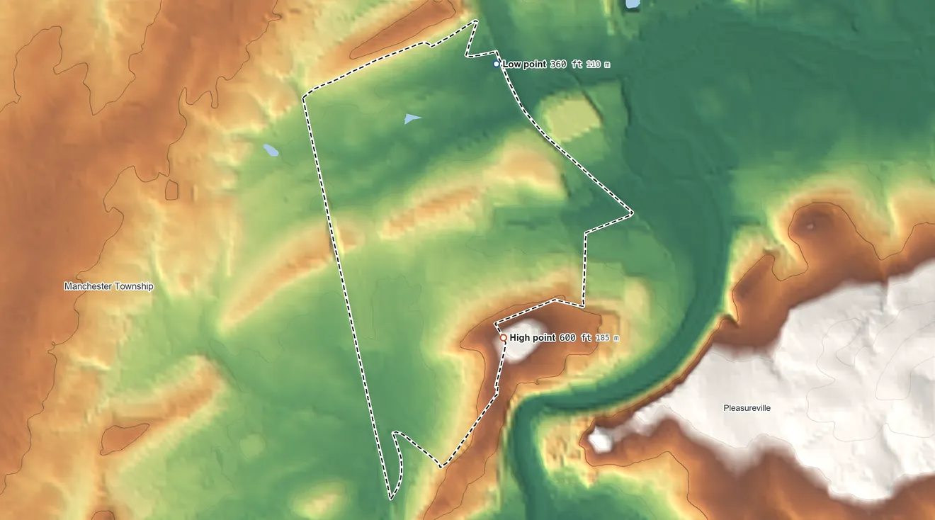 Topographic elevation map of Emigsville, Pennsylvania, shaded from 360 ft on the north side to 600 ft on the southeast side