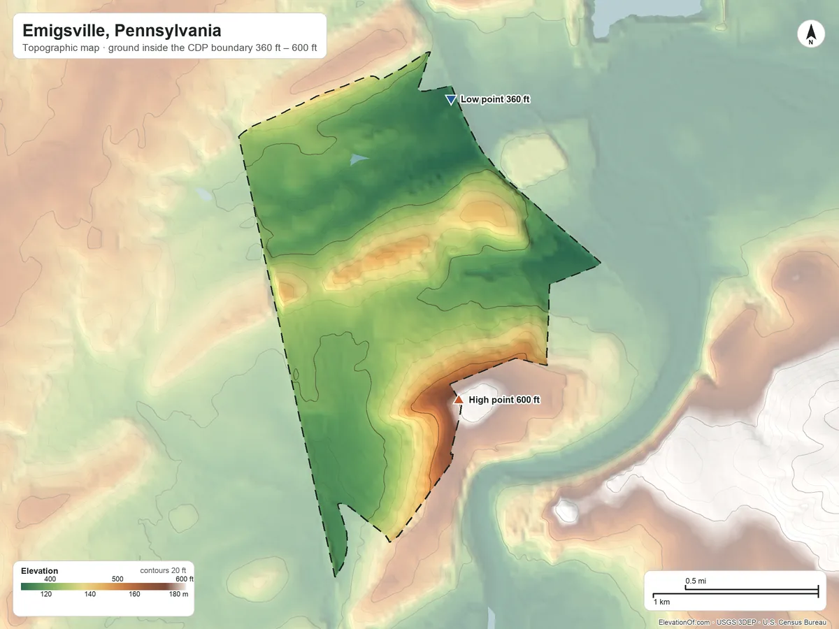 Topographic elevation map of Emigsville, Pennsylvania, shaded from 360 ft on the north side to 600 ft on the southeast side