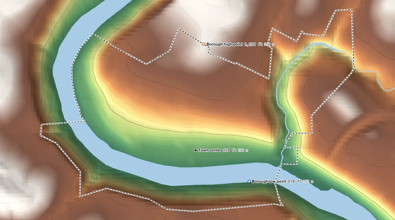 Topographic elevation map of Emlenton, Pennsylvania, shaded from 870 ft on the southeast side to 1,280 ft on the north side