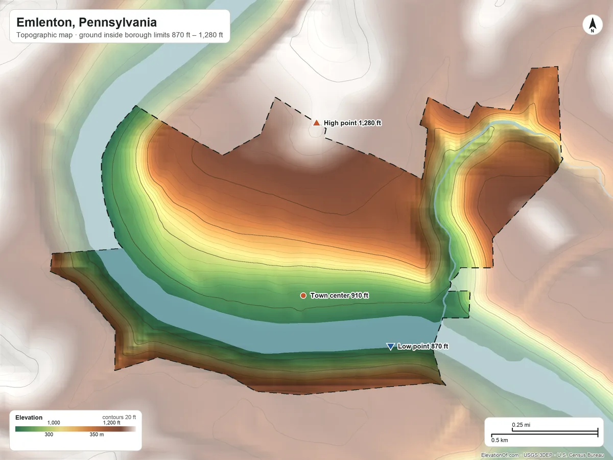 Topographic elevation map of Emlenton, Pennsylvania, shaded from 870 ft on the southeast side to 1,280 ft on the north side