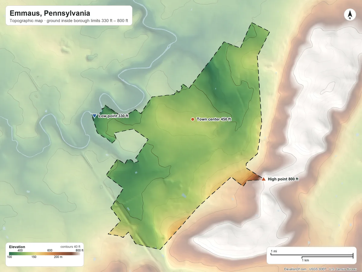 Topographic elevation map of Emmaus, Pennsylvania, shaded from 330 ft on the west side to 800 ft on the southeast side