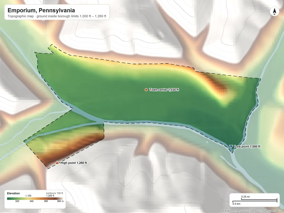 Topographic elevation map of Emporium, Pennsylvania, shaded from 1,000 ft on the southeast side to 1,260 ft on the southwest edge, below higher ground just outside