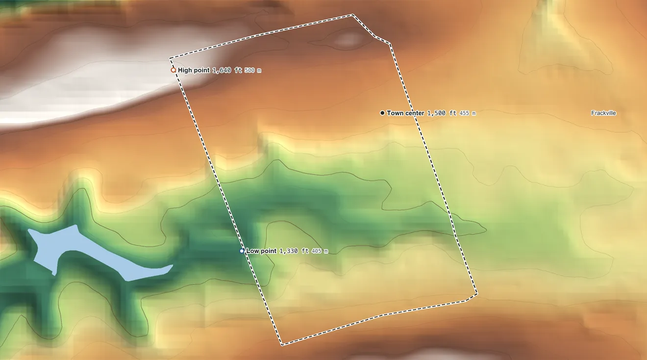 Topographic elevation map of Englewood, Pennsylvania, shaded from 1,330 ft on the southwest side to 1,640 ft on the west side