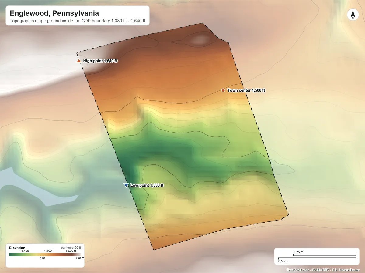 Topographic elevation map of Englewood, Pennsylvania, shaded from 1,330 ft on the southwest side to 1,640 ft on the west side