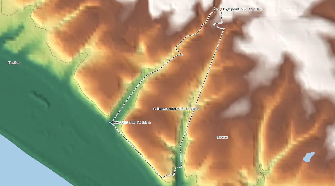 Topographic elevation map of Enhaut, Pennsylvania, shaded from 340 ft on the west side to 530 ft on the northeast side