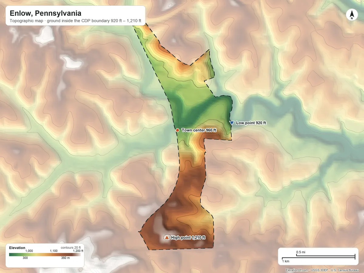 Topographic elevation map of Enlow, Pennsylvania, shaded from 920 ft on the east side to 1,210 ft on the south side