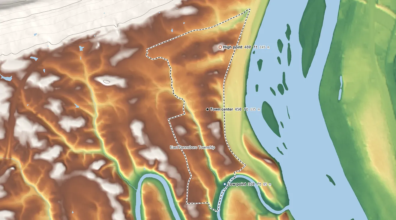 Topographic elevation map of Enola, Pennsylvania, shaded from 310 ft on the south side to 480 ft at the foot of the Little Mountain