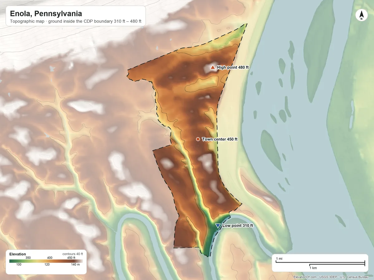 Topographic elevation map of Enola, Pennsylvania, shaded from 310 ft on the south side to 480 ft at the foot of the Little Mountain