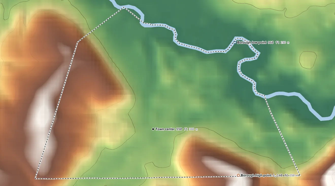 Topographic elevation map of Enon Valley, Pennsylvania, shaded from 960 ft on the northeast side to 1,140 ft on the southeast side
