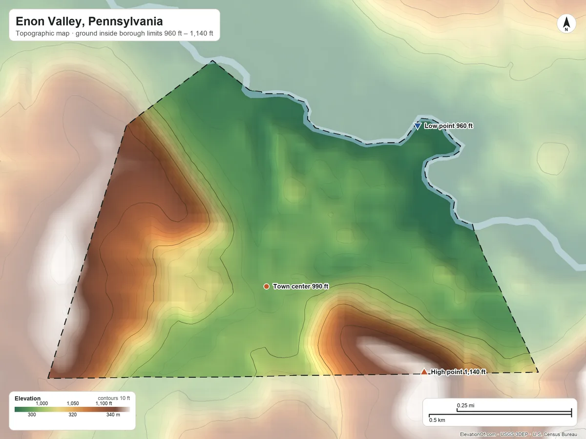 Topographic elevation map of Enon Valley, Pennsylvania, shaded from 960 ft on the northeast side to 1,140 ft on the southeast side