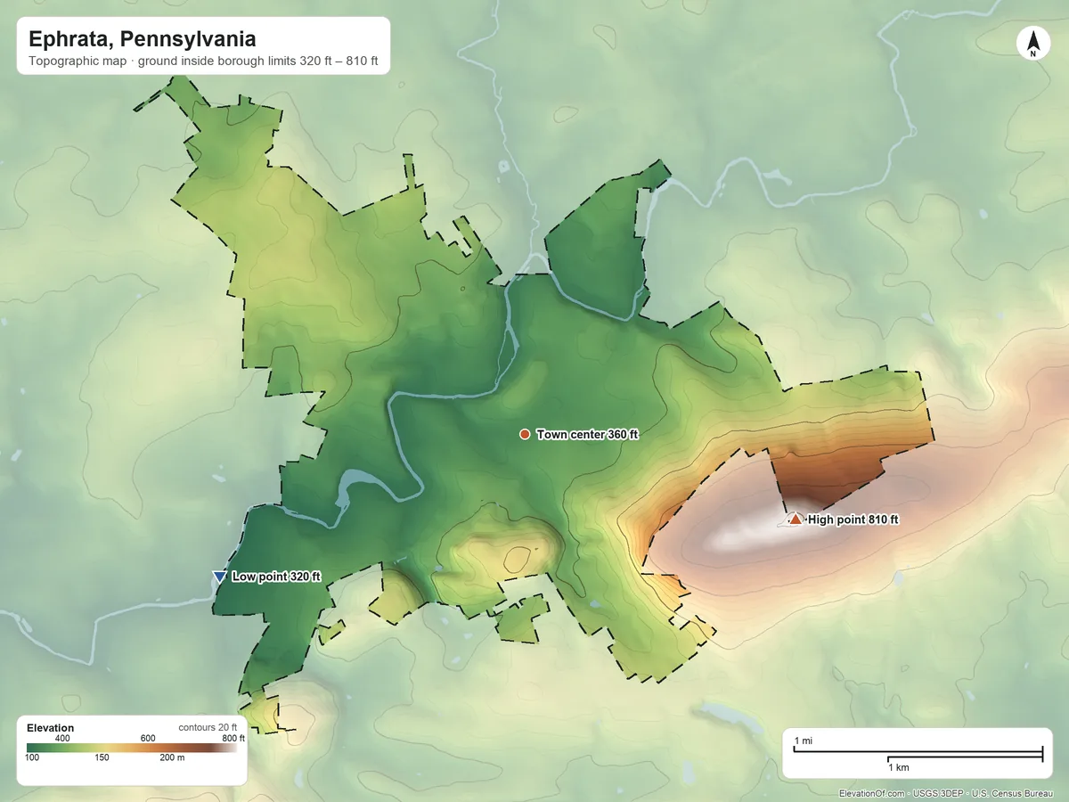 Topographic elevation map of Ephrata, Pennsylvania, shaded from 320 ft on the southwest side to 810 ft on Ephrata Mountain