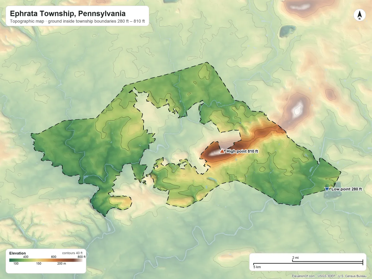 Topographic elevation map of Ephrata Township, Pennsylvania, shaded from 280 ft on the southeast side to 810 ft on Ephrata Mountain