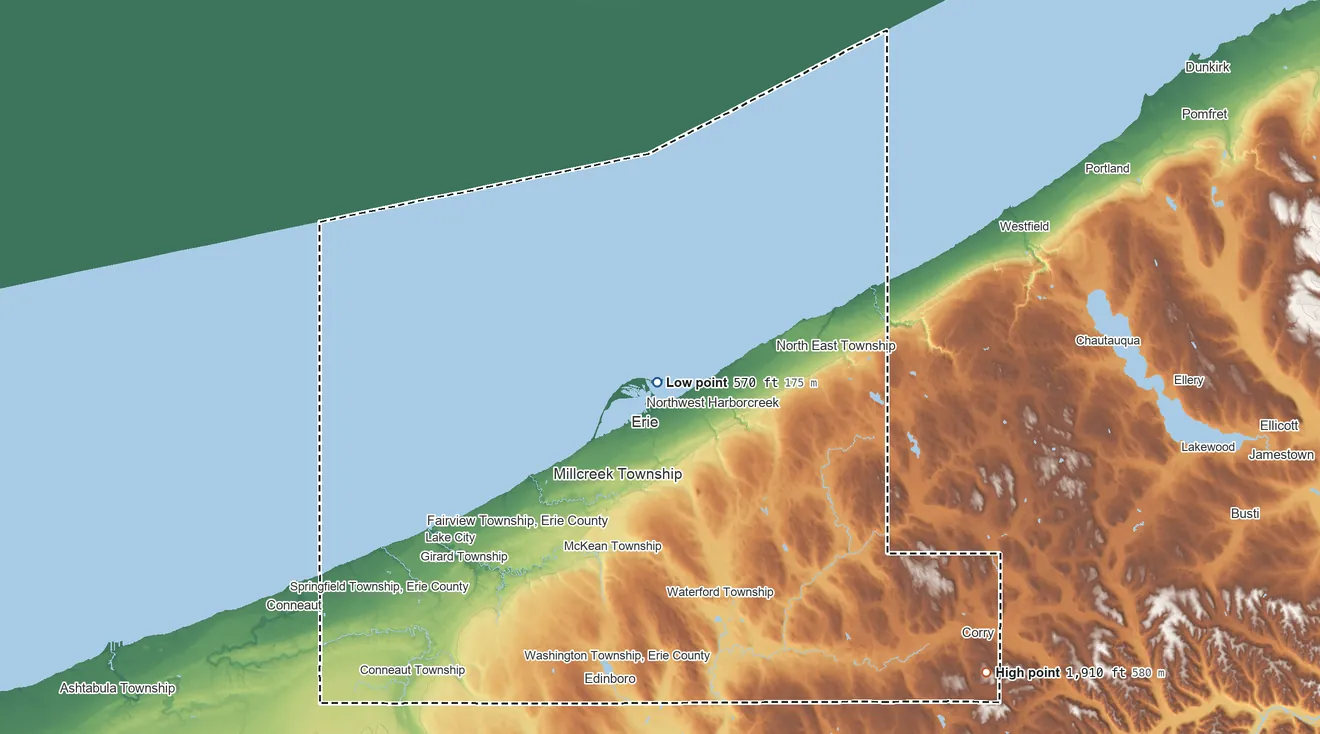 Topographic elevation map of Erie County, Pennsylvania, shaded from 570 ft near the middle to 1,910 ft on the southeast side