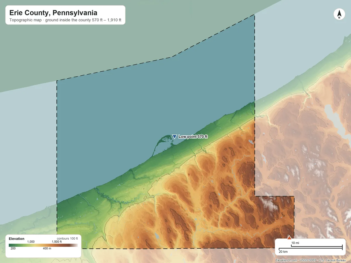 Topographic elevation map of Erie County, Pennsylvania, shaded from 570 ft near the middle to 1,910 ft on the southeast side