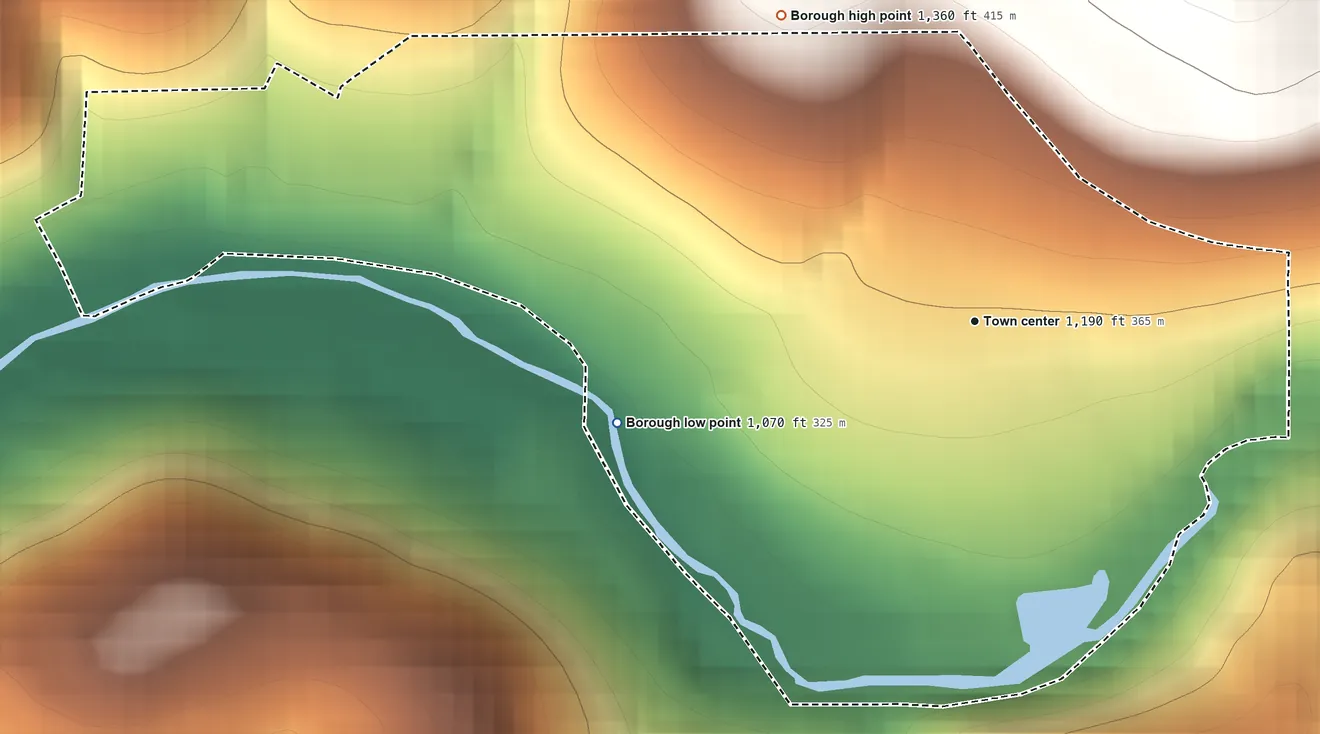 Topographic elevation map of Ernest, Pennsylvania, shaded from 1,070 ft on the west side to 1,360 ft on the northwest side