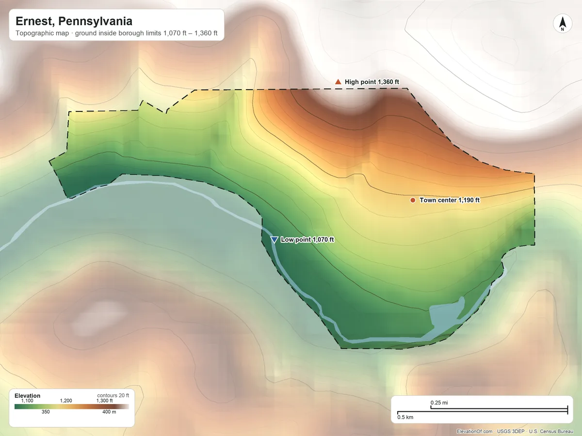 Topographic elevation map of Ernest, Pennsylvania, shaded from 1,070 ft on the west side to 1,360 ft on the northwest side