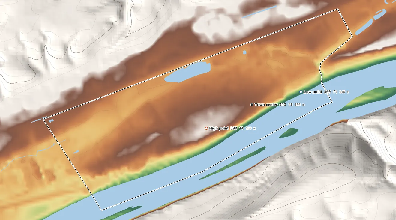 Topographic elevation map of Espy, Pennsylvania, shaded from 460 ft on the east side to 500 ft at the foot of the Little Mountain