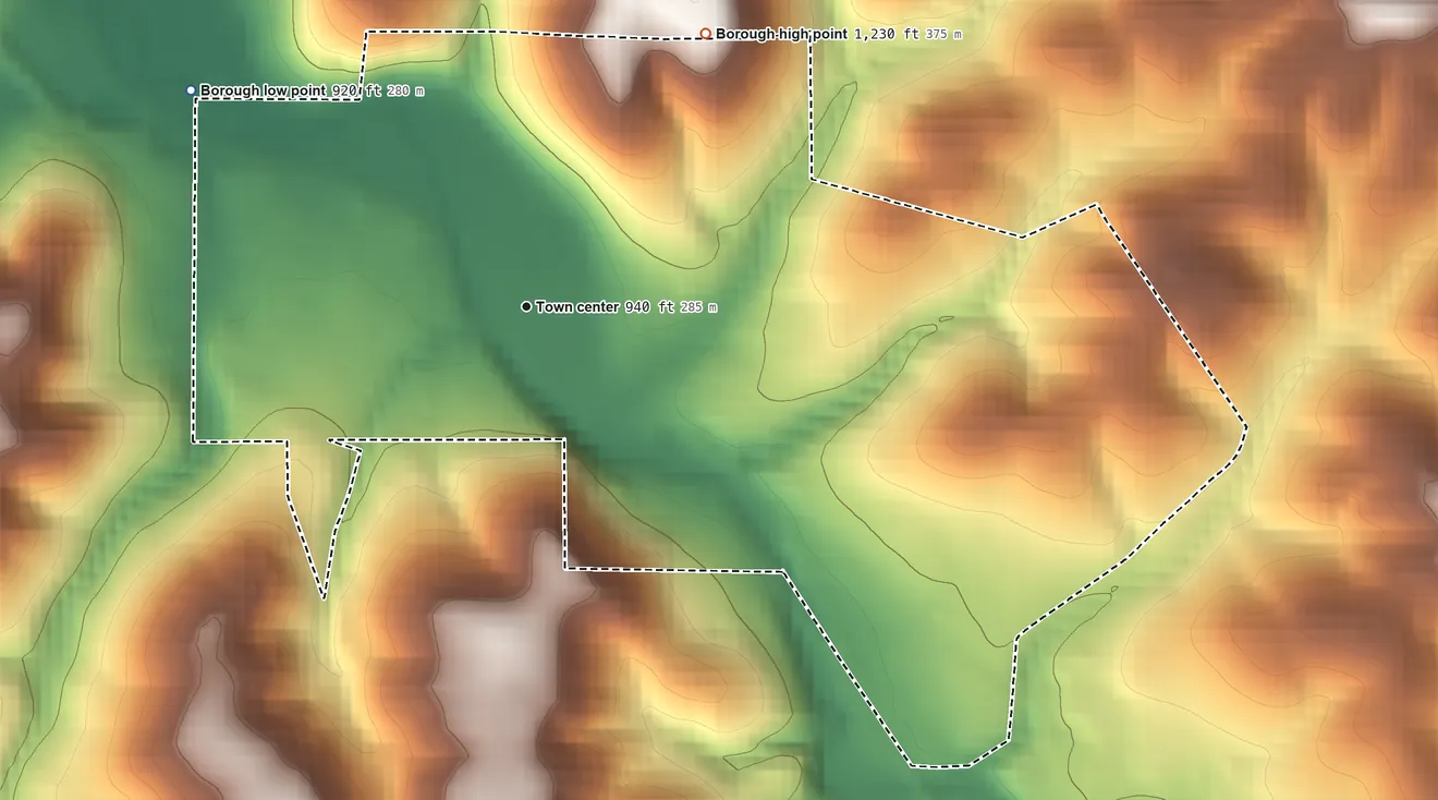 Topographic elevation map of Evans City, Pennsylvania, shaded from 920 ft on the northwest side to 1,230 ft on the northeast side