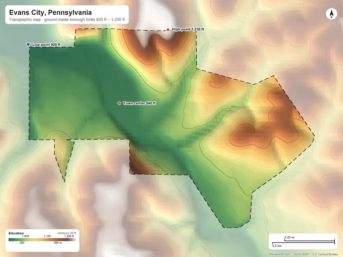 Topographic elevation map of Evans City, Pennsylvania, shaded from 920 ft on the northwest side to 1,230 ft on the northeast side