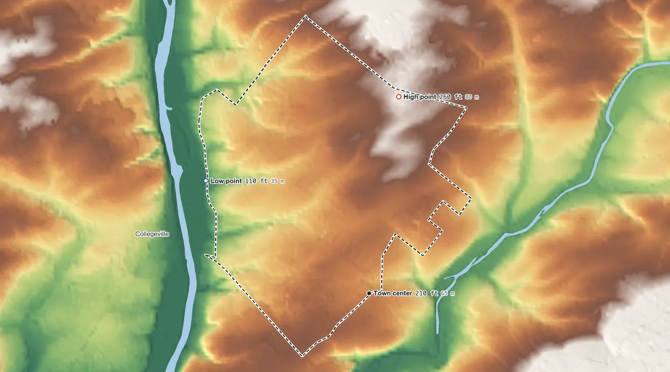 Topographic elevation map of Evansburg, Pennsylvania, shaded from 110 ft on the northwest side to 260 ft on the north side