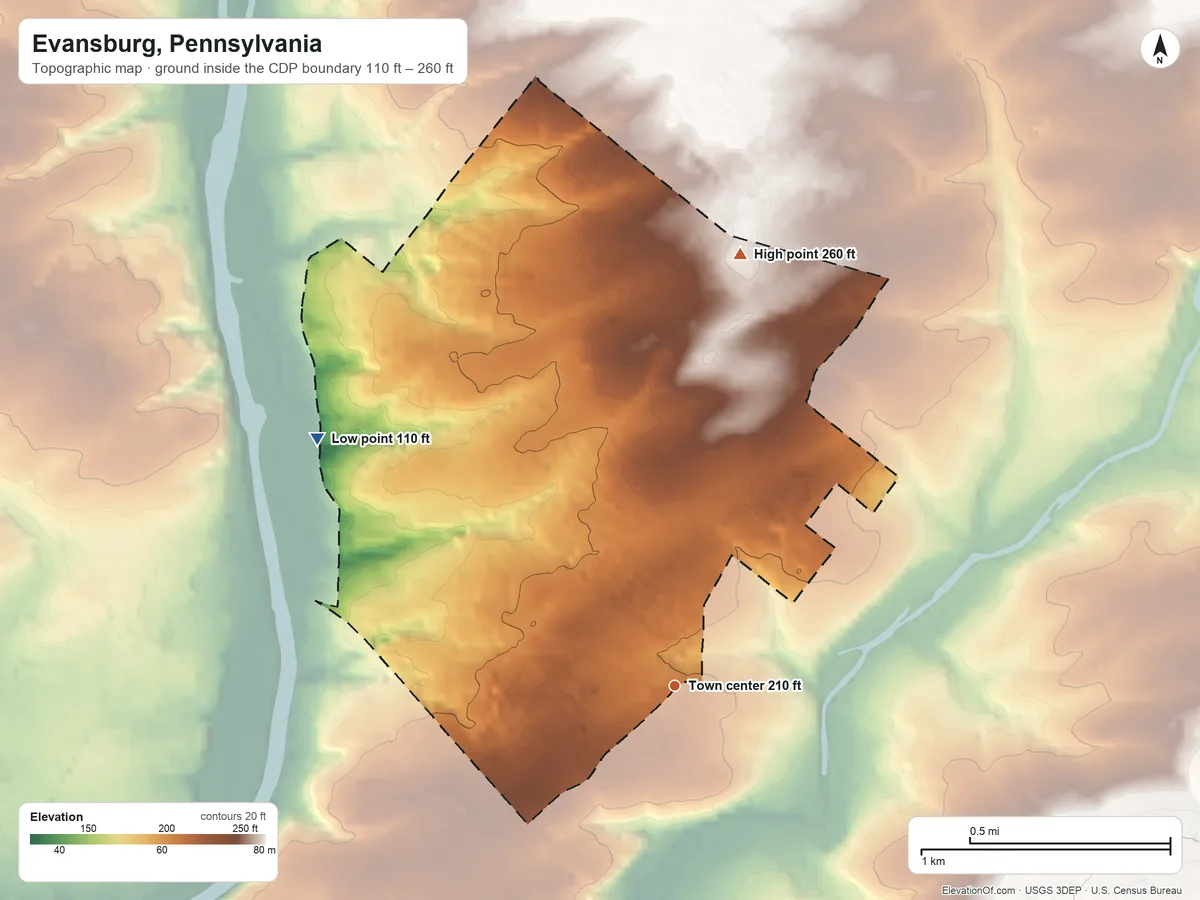 Topographic elevation map of Evansburg, Pennsylvania, shaded from 110 ft on the northwest side to 260 ft on the north side