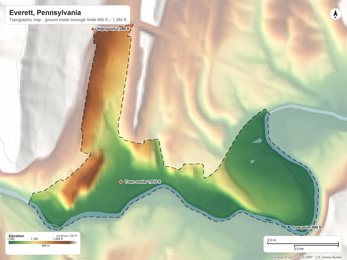 Topographic elevation map of Everett, Pennsylvania, shaded from 990 ft on the east side to 1,280 ft at the foot of the Tussey Mountain