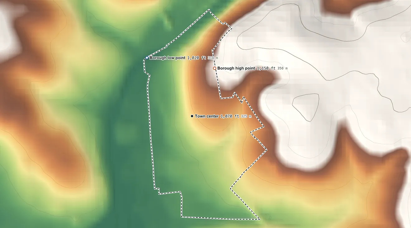 Topographic elevation map of Everson, Pennsylvania, shaded from 1,020 ft on the northwest side to 1,150 ft on the northeast side