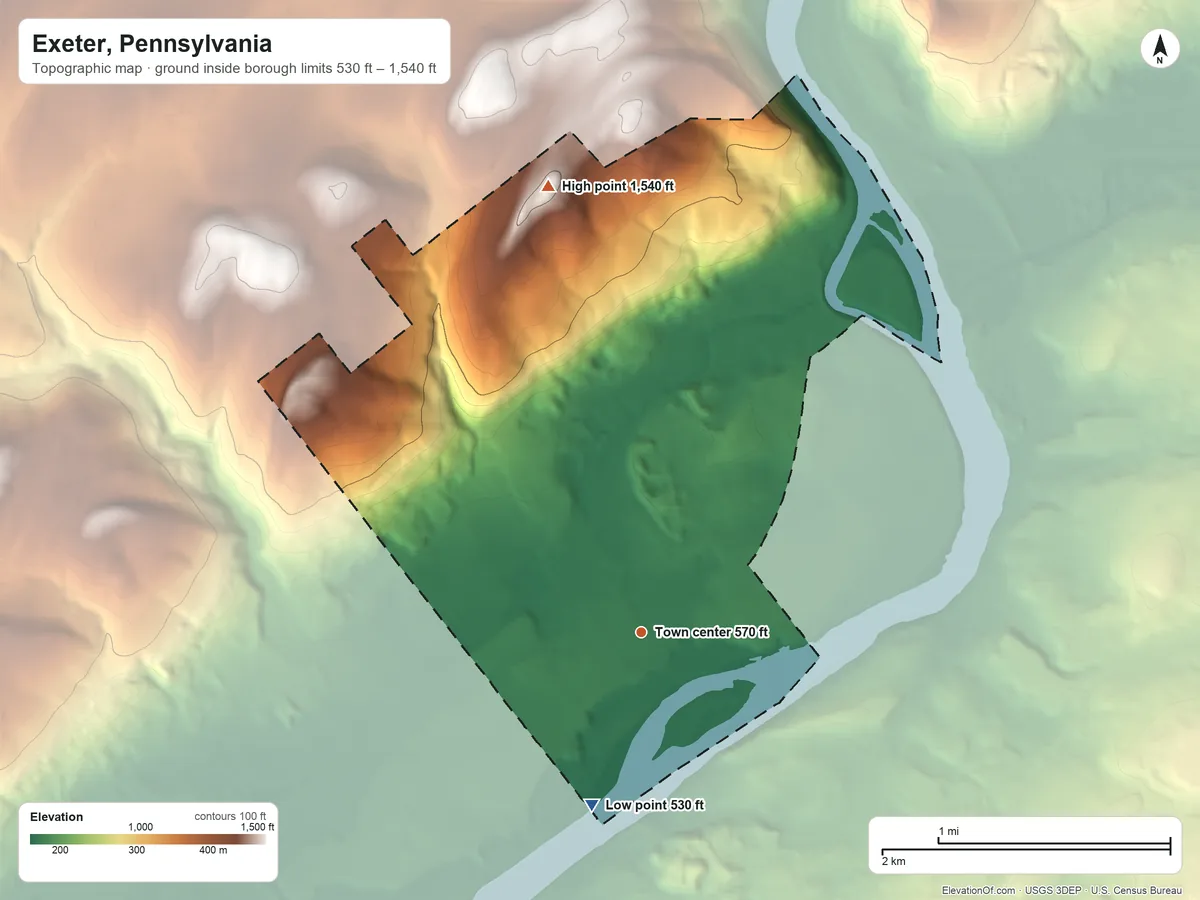 Topographic elevation map of Exeter, Pennsylvania, shaded from 530 ft on the south side to 1,540 ft on the north side