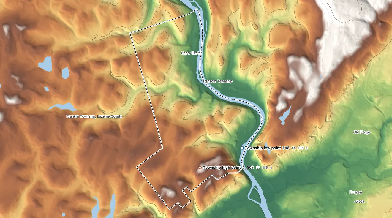 Topographic elevation map of Exeter Township, Luzerne County, Pennsylvania, shaded from 540 ft on the southeast side to 1,590 ft on Peterson Mountain