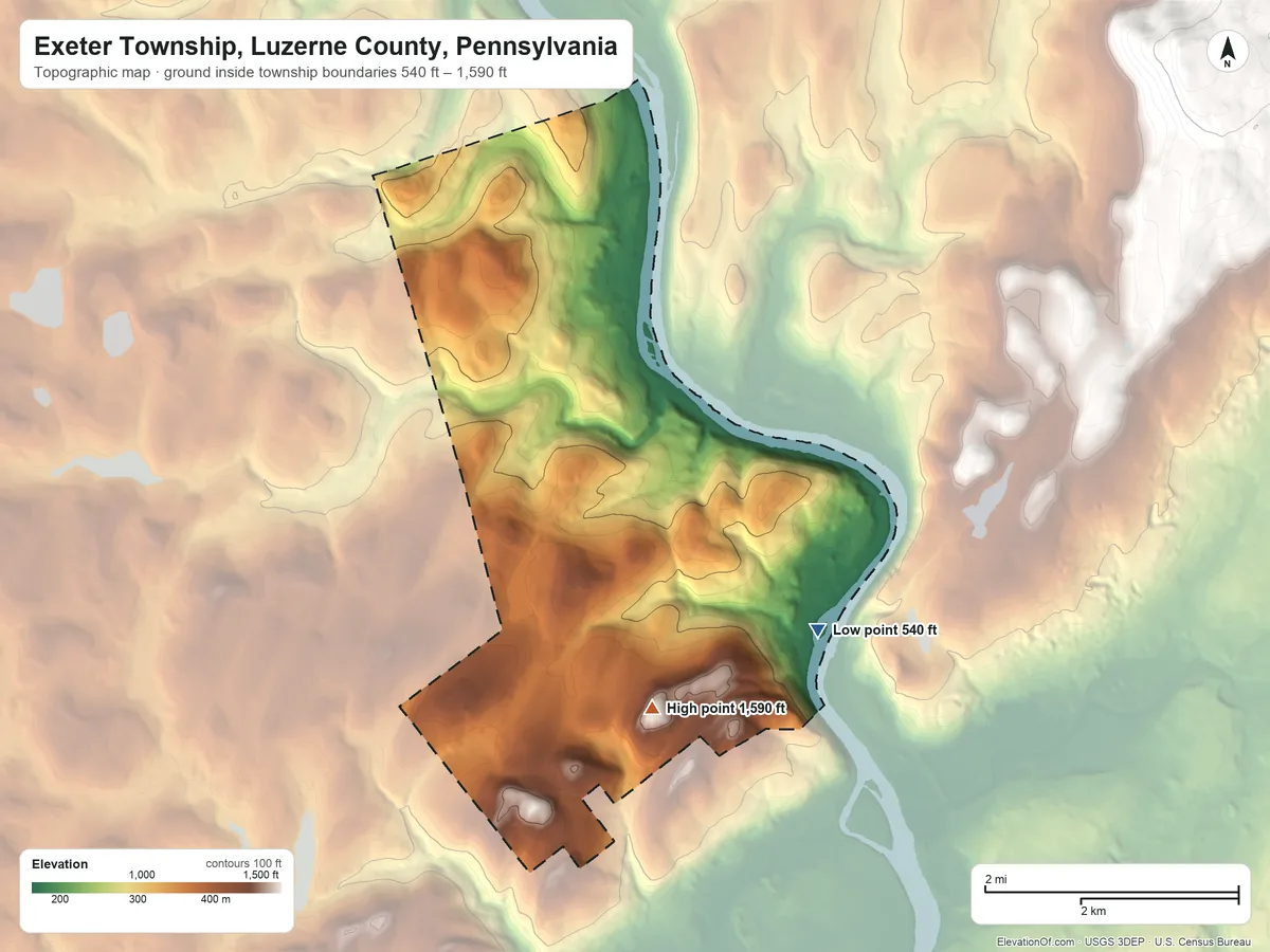 Topographic elevation map of Exeter Township, Luzerne County, Pennsylvania, shaded from 540 ft on the southeast side to 1,590 ft on Peterson Mountain