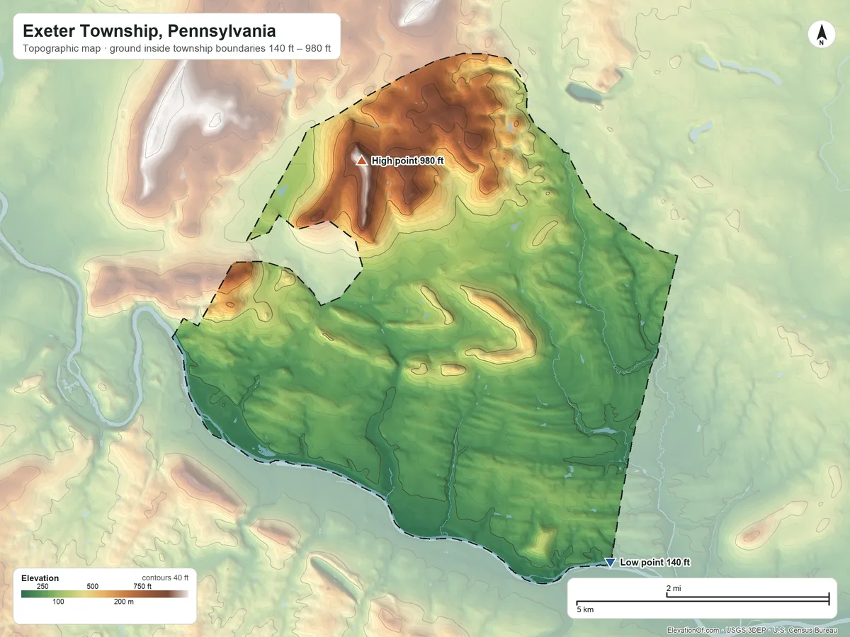 Topographic elevation map of Exeter Township, Pennsylvania, shaded from 140 ft on the southeast side to 980 ft on Schwarzwald Hill