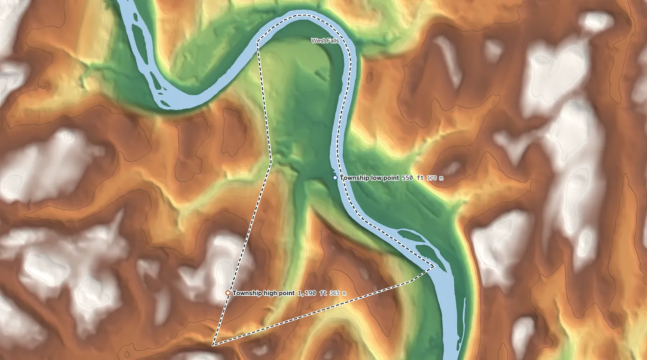 Topographic elevation map of Exeter Township, Wyoming County, Pennsylvania, shaded from 550 ft near the middle to 1,190 ft on the southwest side