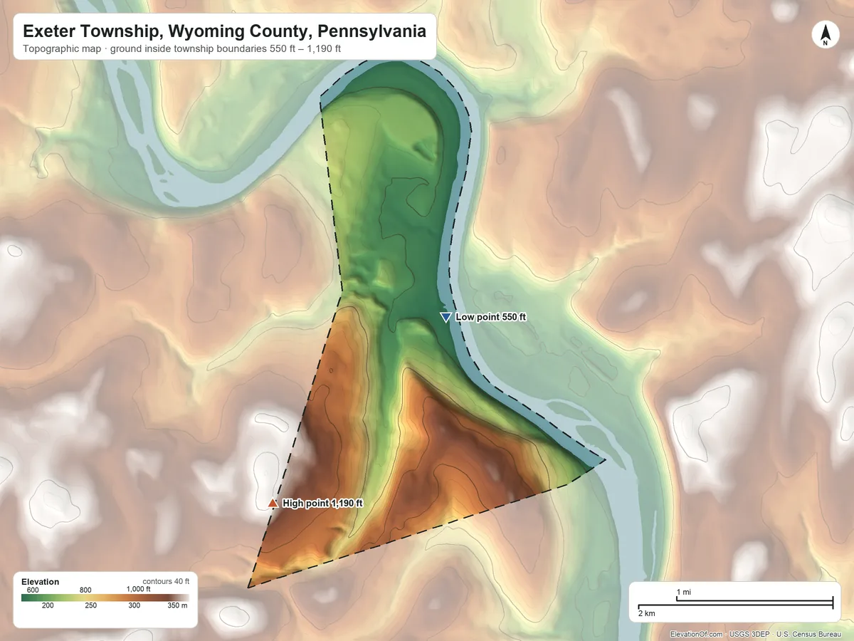 Topographic elevation map of Exeter Township, Wyoming County, Pennsylvania, shaded from 550 ft near the middle to 1,190 ft on the southwest side