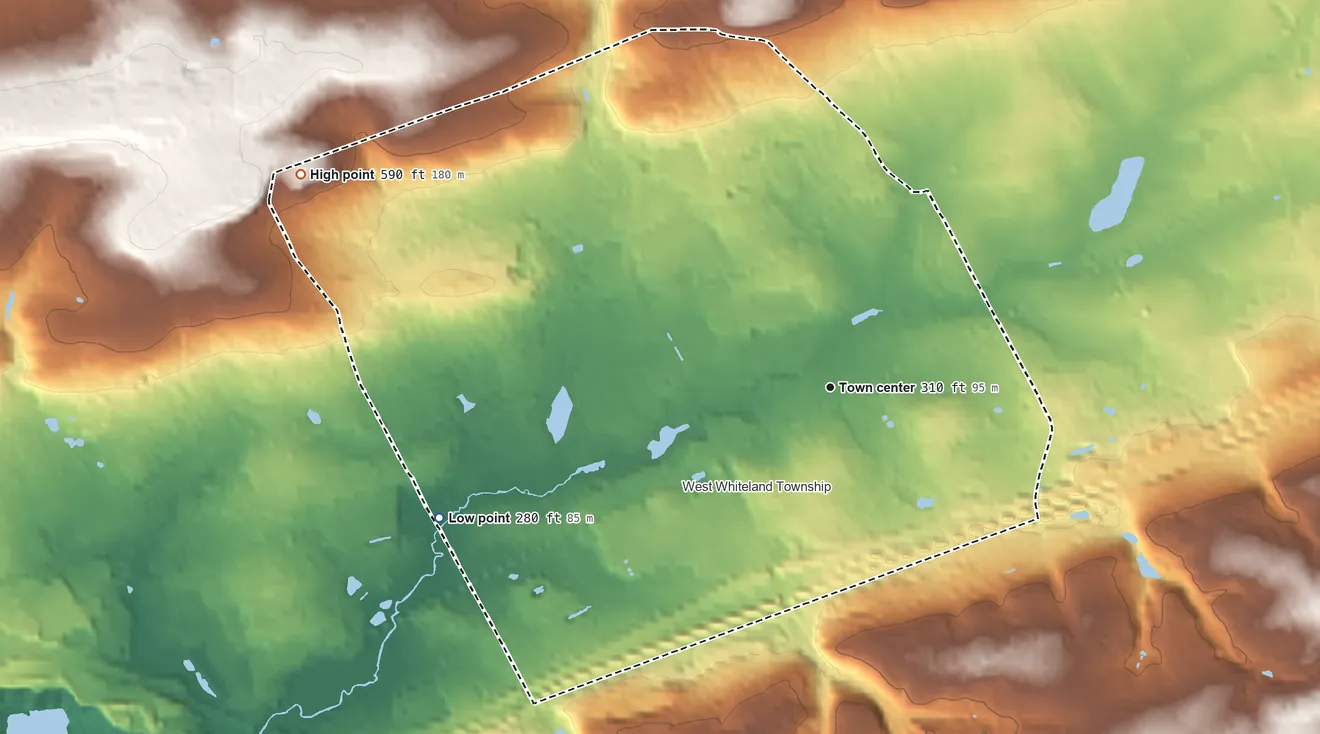 Topographic elevation map of Exton, Pennsylvania, shaded from 280 ft on the west side to 590 ft on the west side