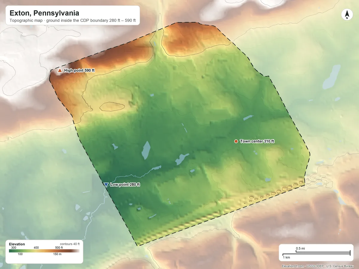 Topographic elevation map of Exton, Pennsylvania, shaded from 280 ft on the west side to 590 ft on the west side