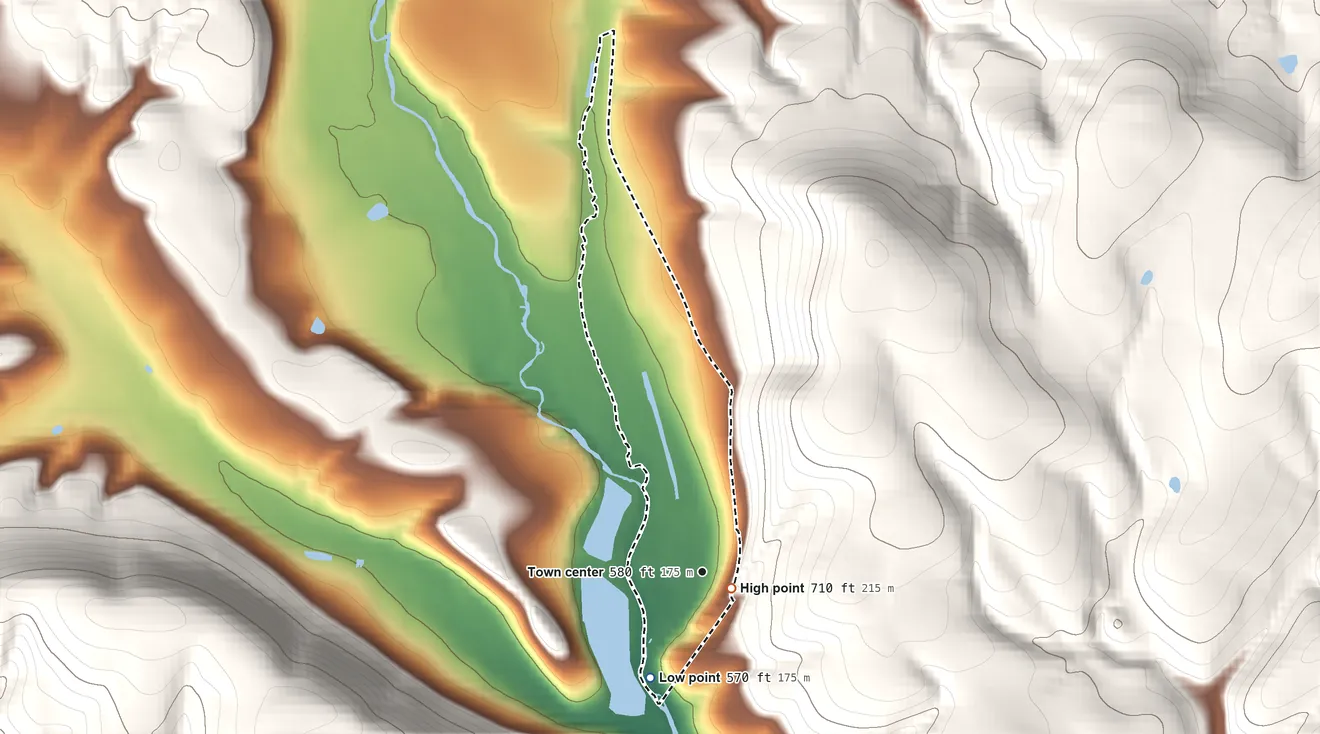Topographic elevation map of Eyers Grove, Pennsylvania, shaded from 570 ft on the southwest side to 710 ft at the foot of the Muncy Hills