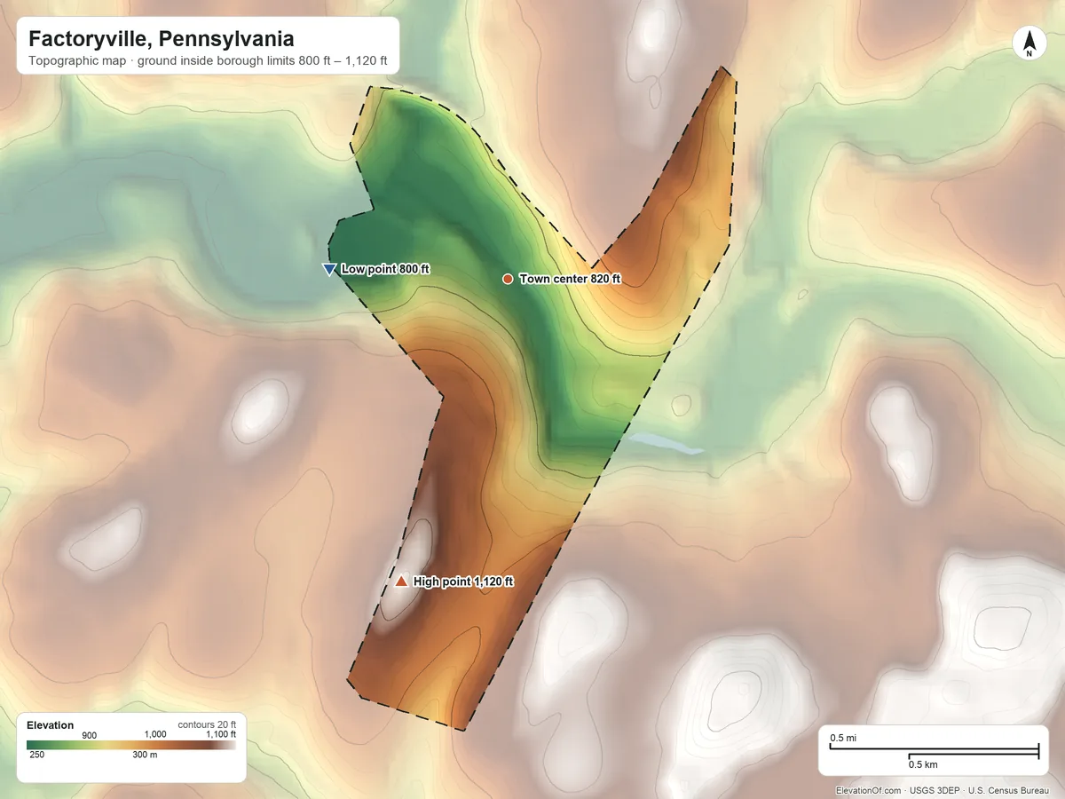 Topographic elevation map of Factoryville, Pennsylvania, shaded from 800 ft on the west side to 1,120 ft at the foot of the Endless Mountains