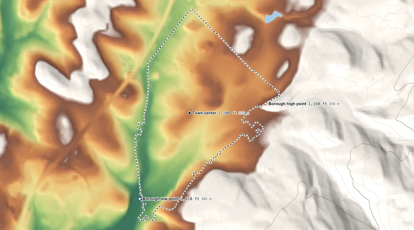 Topographic elevation map of Fairchance, Pennsylvania, shaded from 1,010 ft on the southwest side to 1,160 ft on the east edge, below higher ground just outside