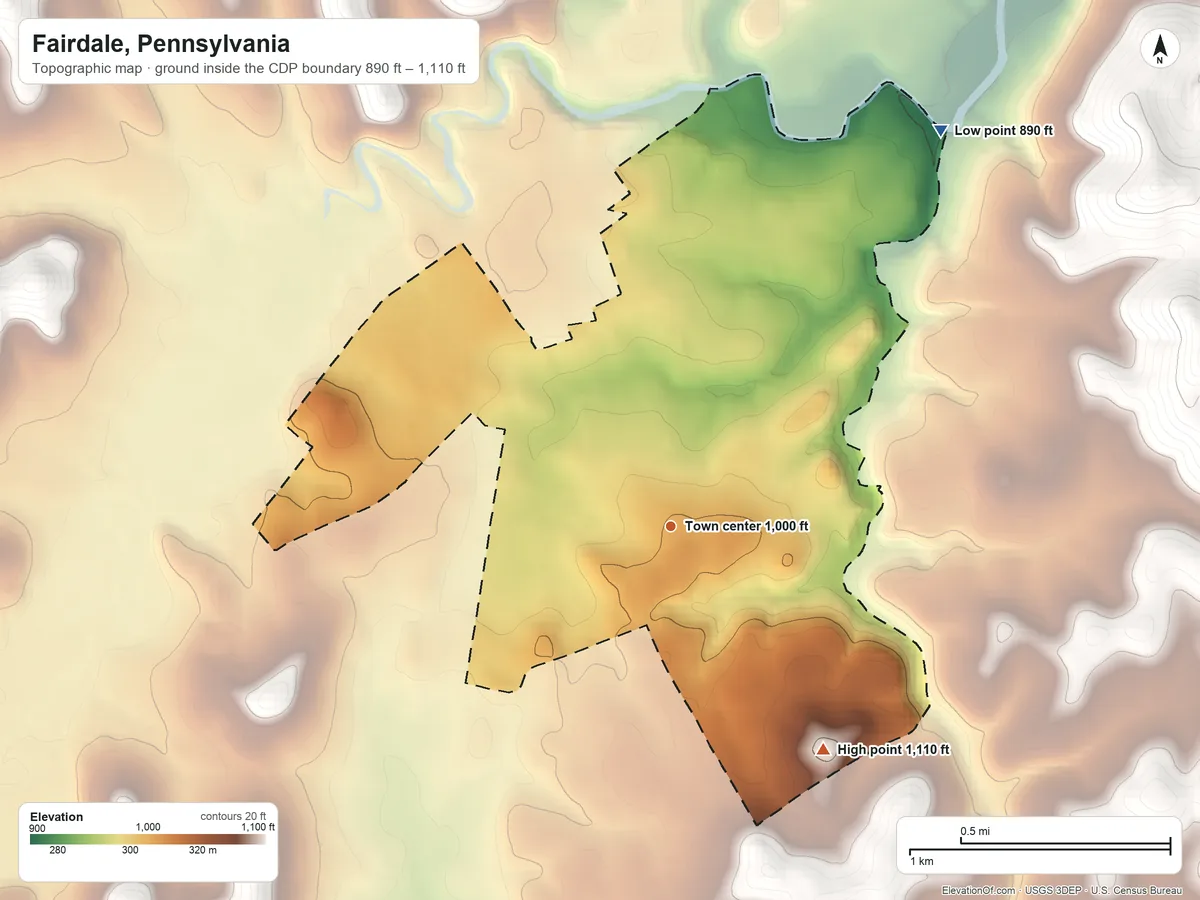 Topographic elevation map of Fairdale, Pennsylvania, shaded from 890 ft on the northeast side to 1,110 ft on the southeast side