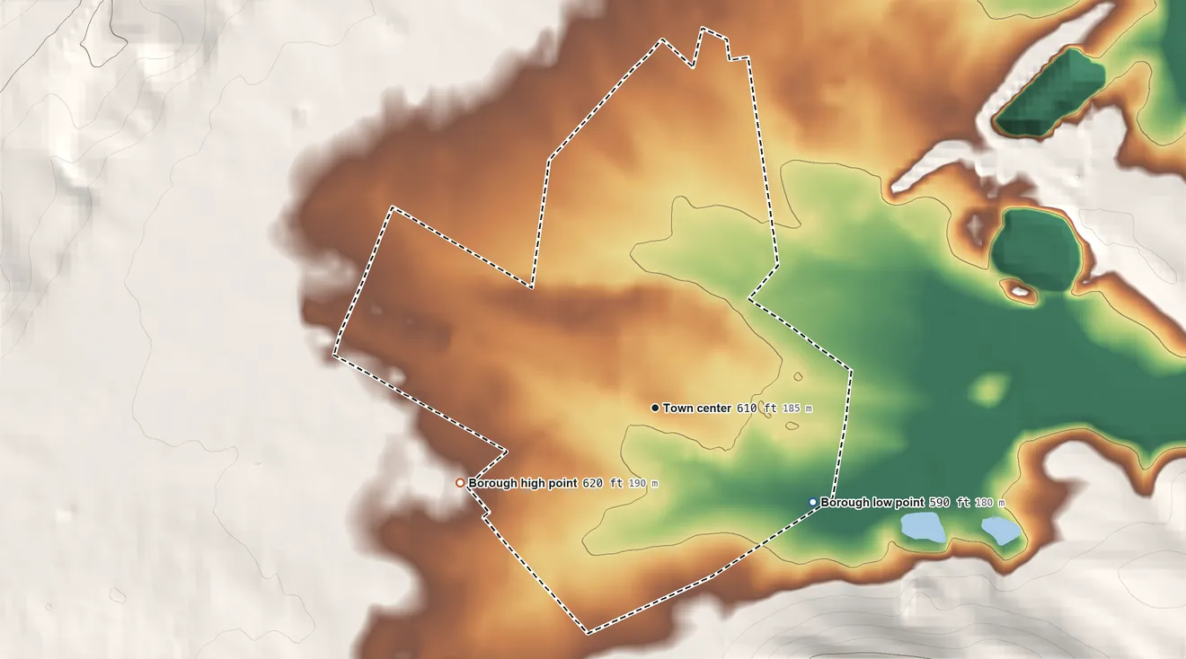Topographic elevation map of Fairfield, Pennsylvania, shaded from 590 ft on the southeast side to 620 ft at the foot of the South Mountain