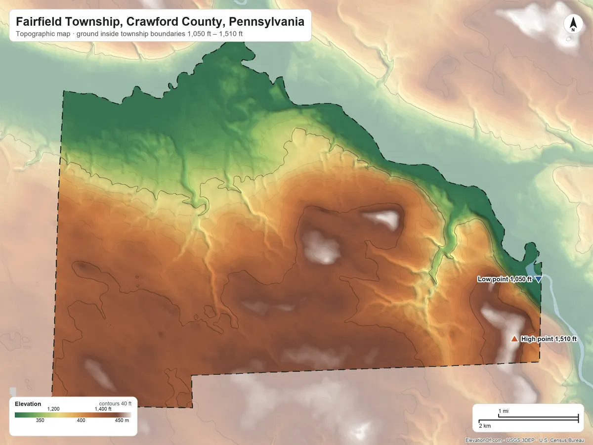 Topographic elevation map of Fairfield Township, Crawford County, Pennsylvania, shaded from 1,050 ft on the east side to 1,510 ft on the east side