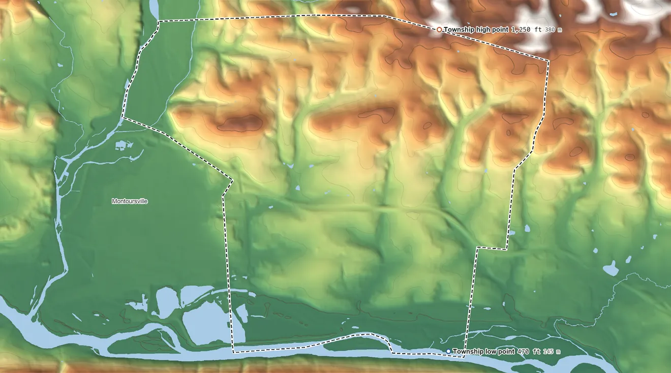 Topographic elevation map of Fairfield Township, Pennsylvania, shaded from 470 ft on the southeast side to 1,250 ft on the northeast side