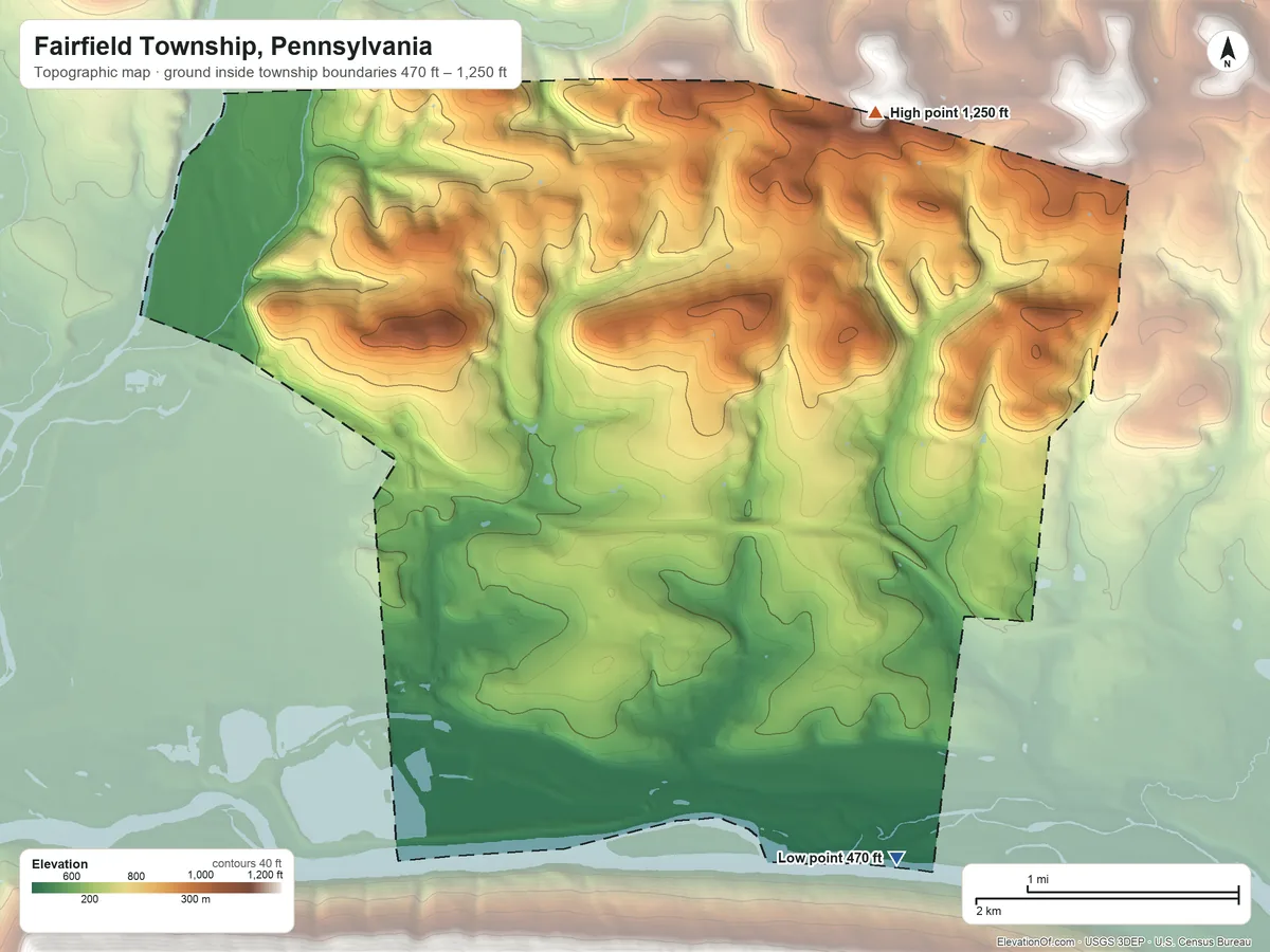 Topographic elevation map of Fairfield Township, Pennsylvania, shaded from 470 ft on the southeast side to 1,250 ft on the northeast side