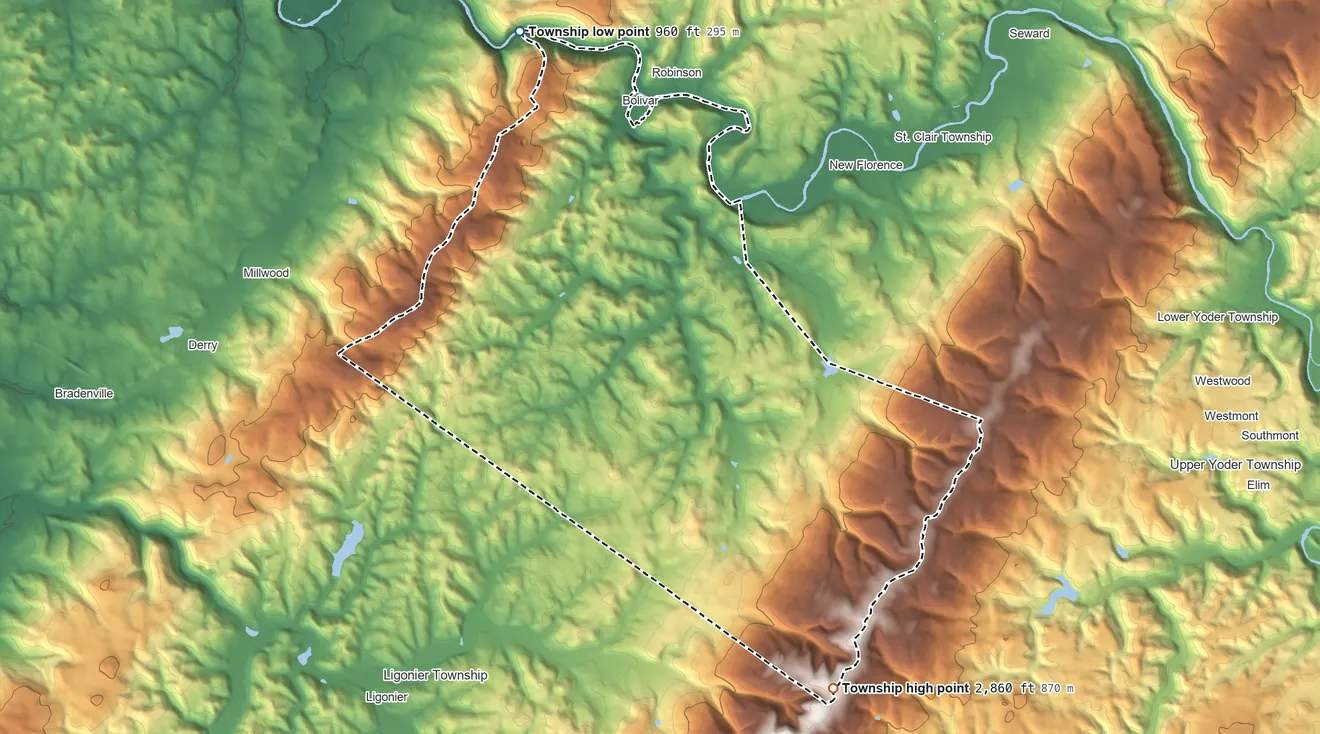Topographic elevation map of Fairfield Township, Westmoreland County, Pennsylvania, shaded from 960 ft on the northwest side to 2,860 ft on Irwin Hill